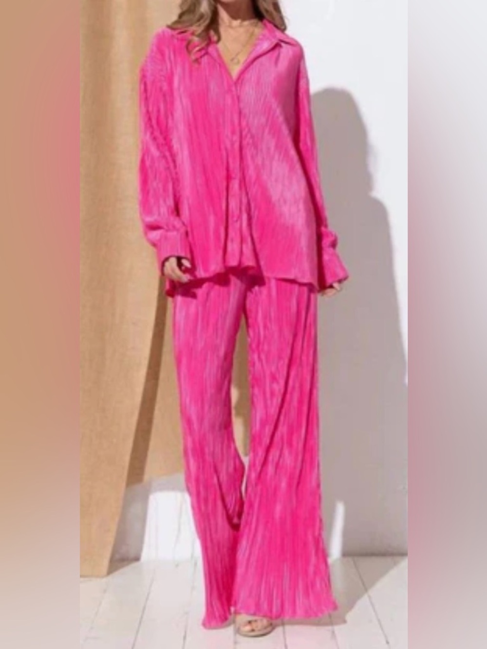 Fuchsia Pleated Plisse Button Up Two-Piece Set - Picture 2 of 9